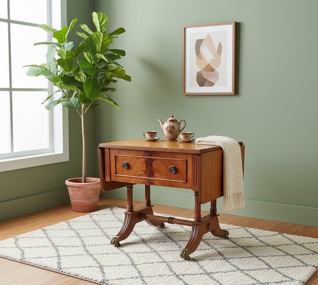 Antique Drop-Leaf Coffee Table with Bronze Cast Feet on Wheels