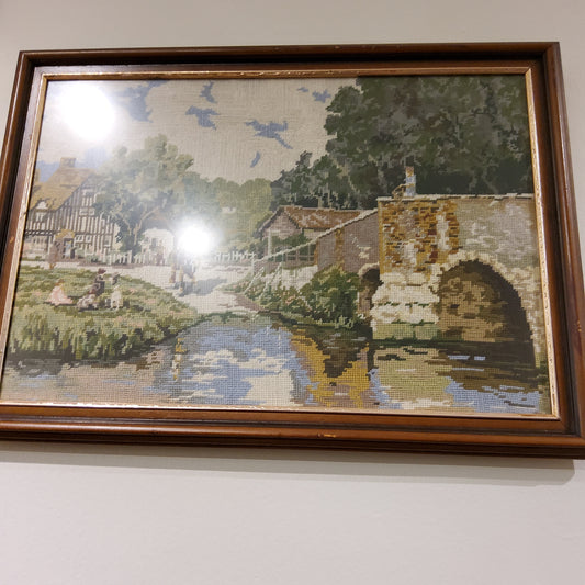 Vintage english countryside with bridge needlepoint