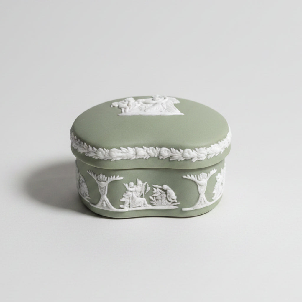 Wedgwood Jasperware Sage Green Vintage  Round Jewellery Box with Lid