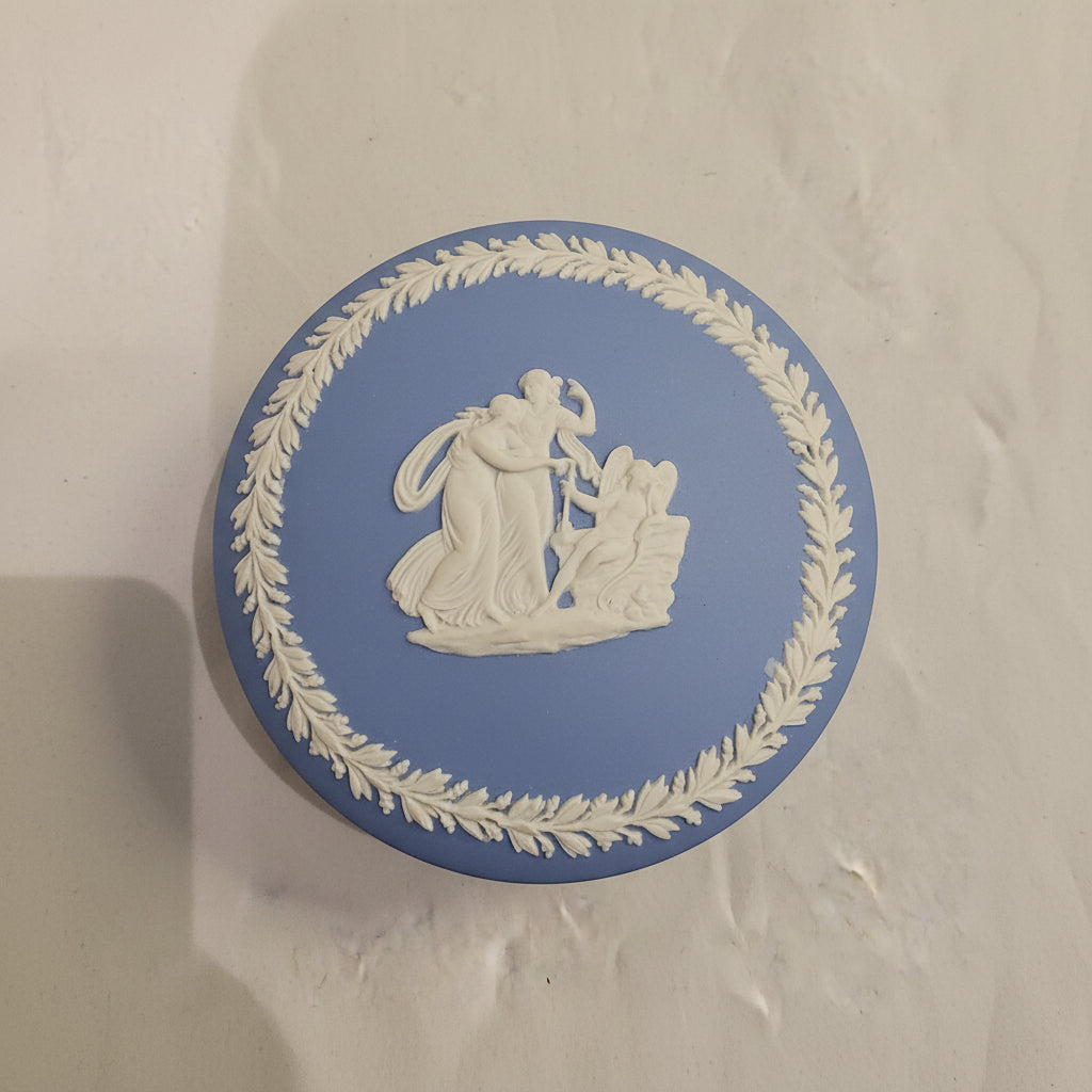 Wedgwood Light Blue Jasperware Round Trinket Box | Neoclassical Relief | Collector's Piece