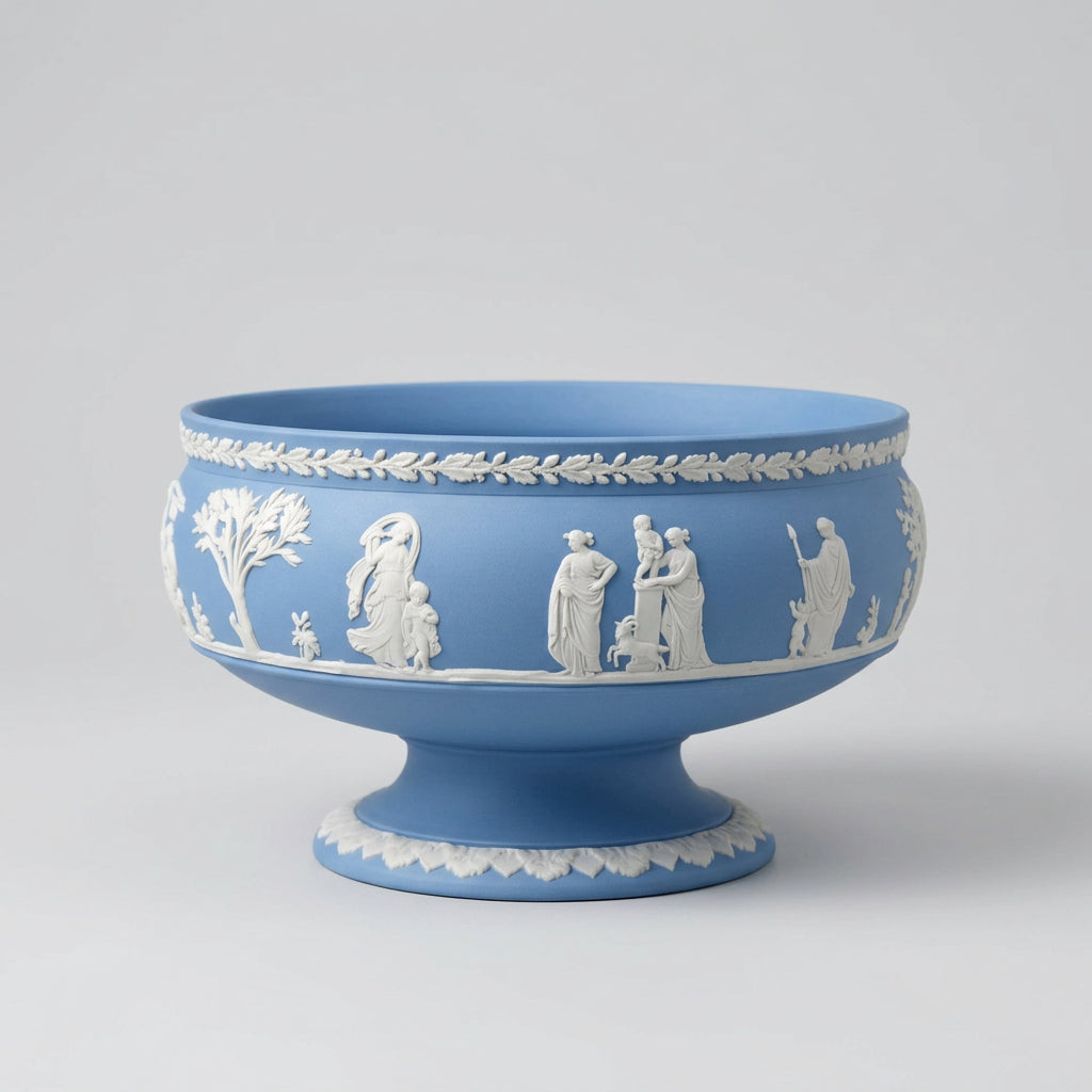 A blue and white Wedgwood-style pedestal bowl with classical figure relief decoration, displayed on a lace-covered surface with other decorative vessels and greenery in the background.
