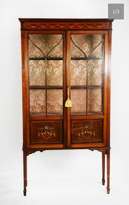 EDWARDIAN LINE INLAID AND PAINTED MAHOGANY DISPLAY CABINET