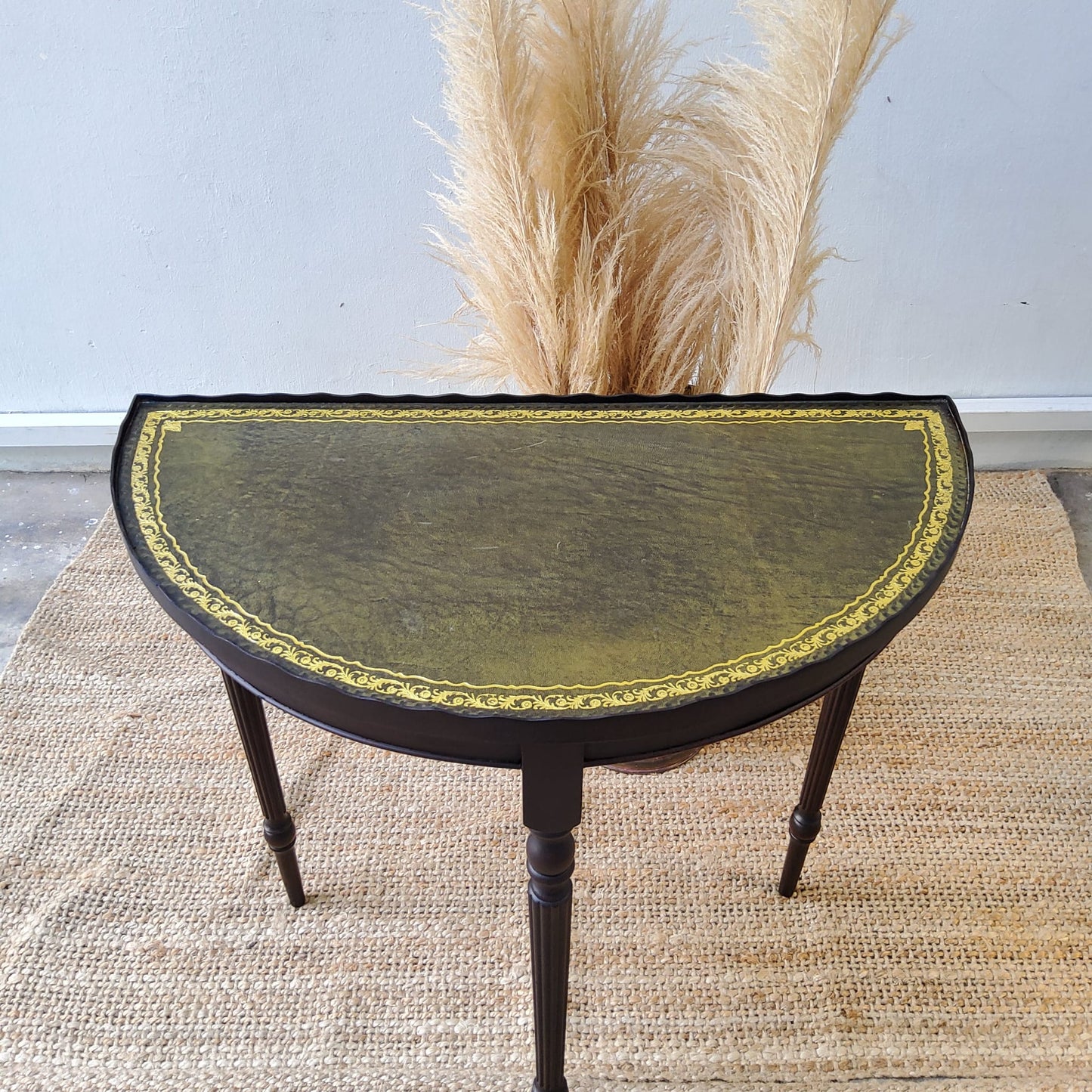 Vintage Demi Lune Console Table with Green Leather