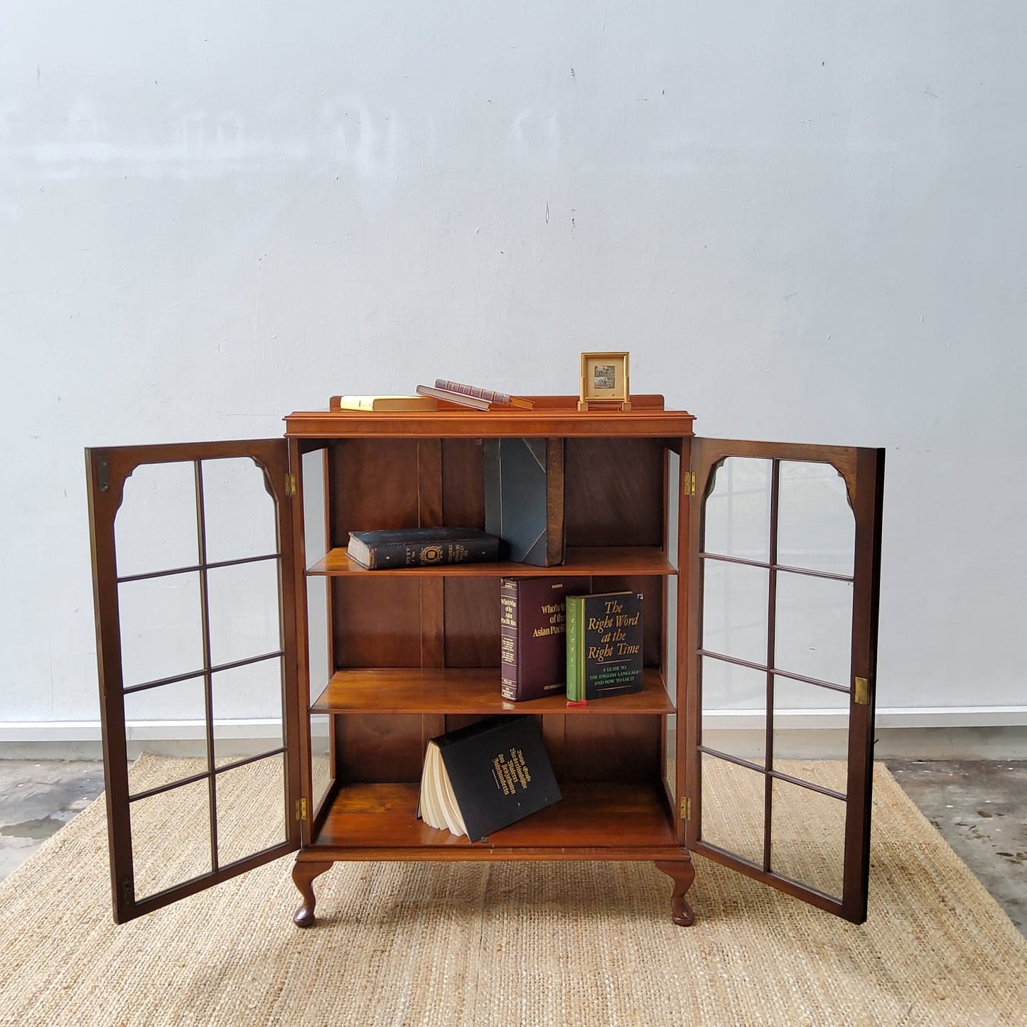 Vintage Walnut Display Cabinet on Queen Anne feet