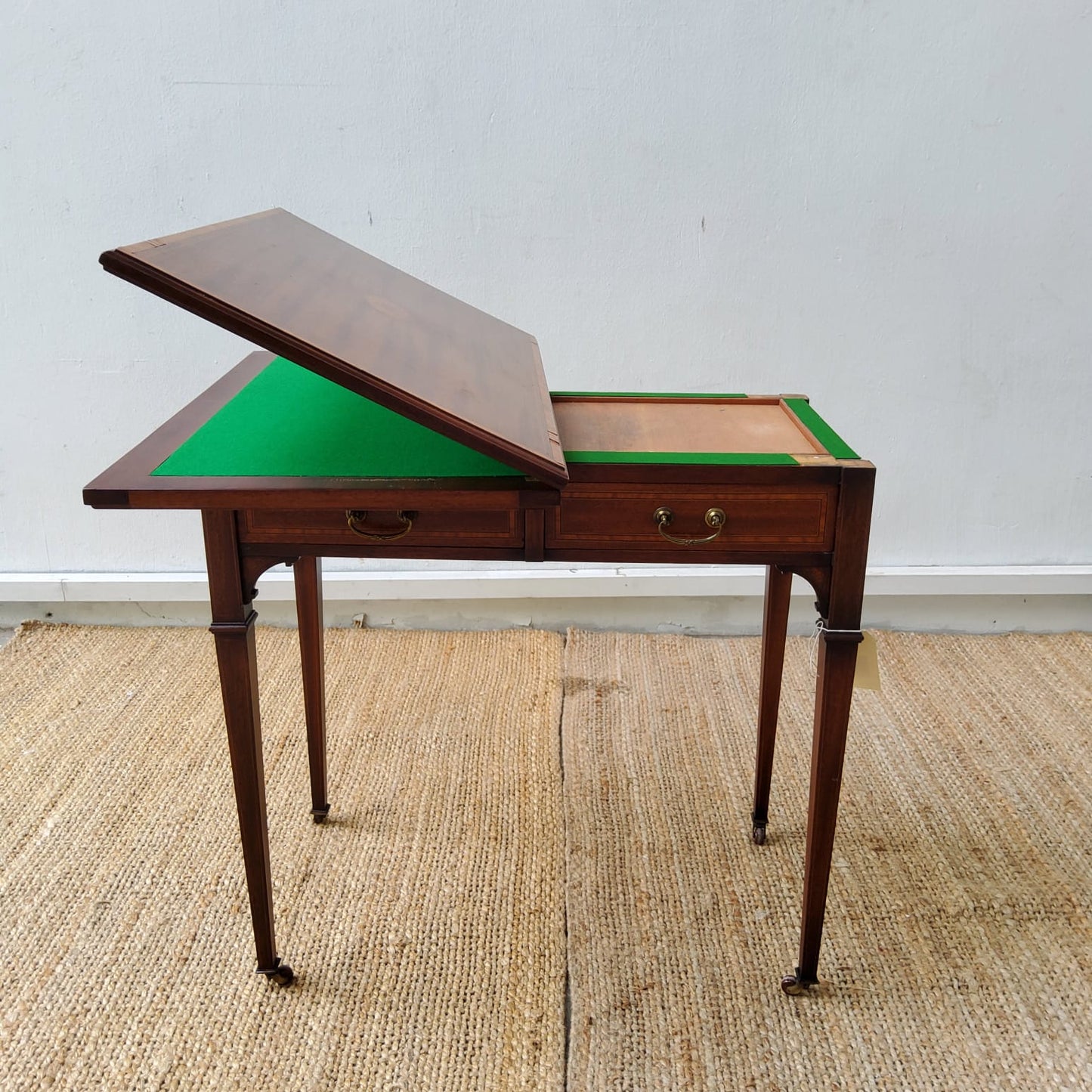 Edwardian inlaid Mahogany card table with two draws, fold out top, square tapering legs