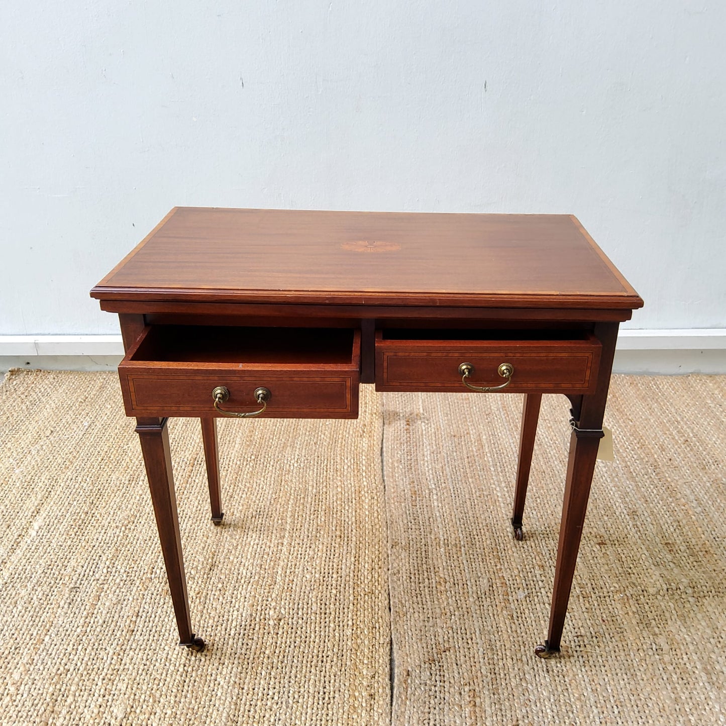 Edwardian inlaid Mahogany card table with two draws, fold out top, square tapering legs