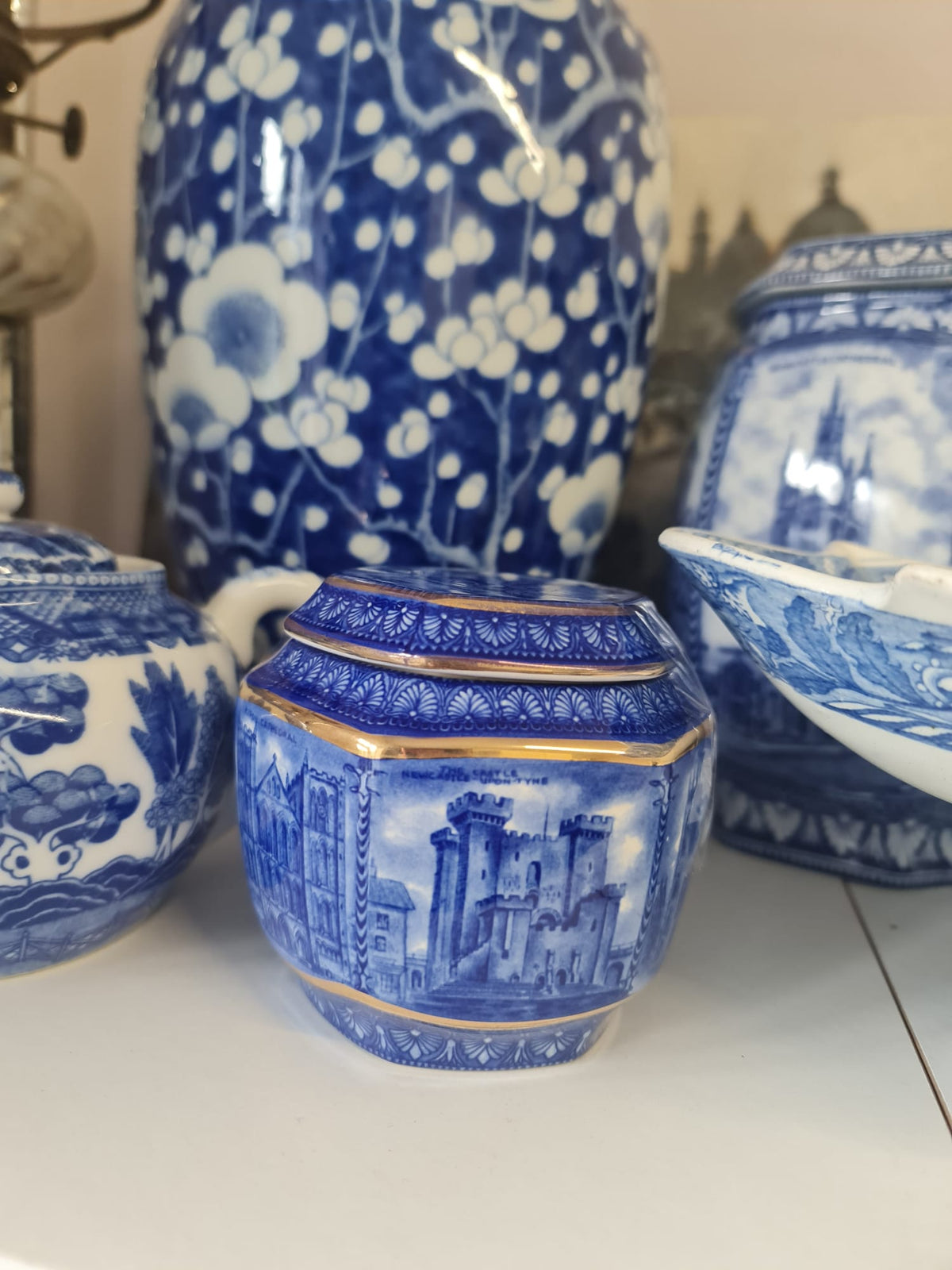 Ringtons Blue, White & Gold Cathedral Design Ceramic Tea Caddy / Biscuit Jar Millenium