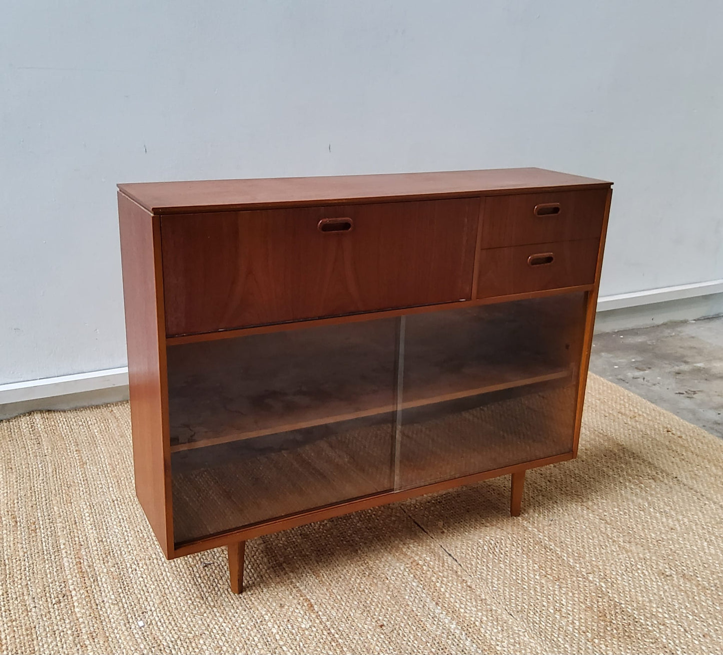 Mid Century 2 Drawer Glazed Bureau Bookcase