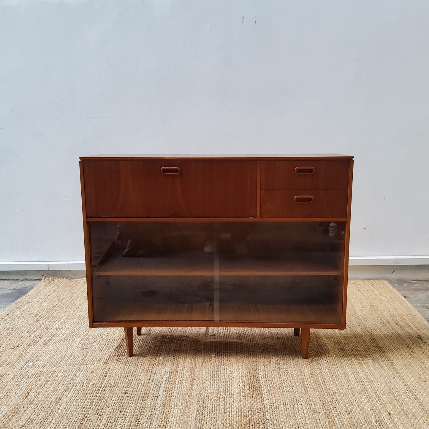 Mid Century 2 Drawer Glazed Bureau Bookcase