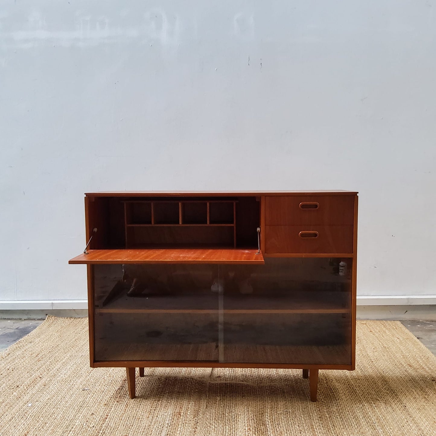 Mid Century 2 Drawer Glazed Bureau Bookcase