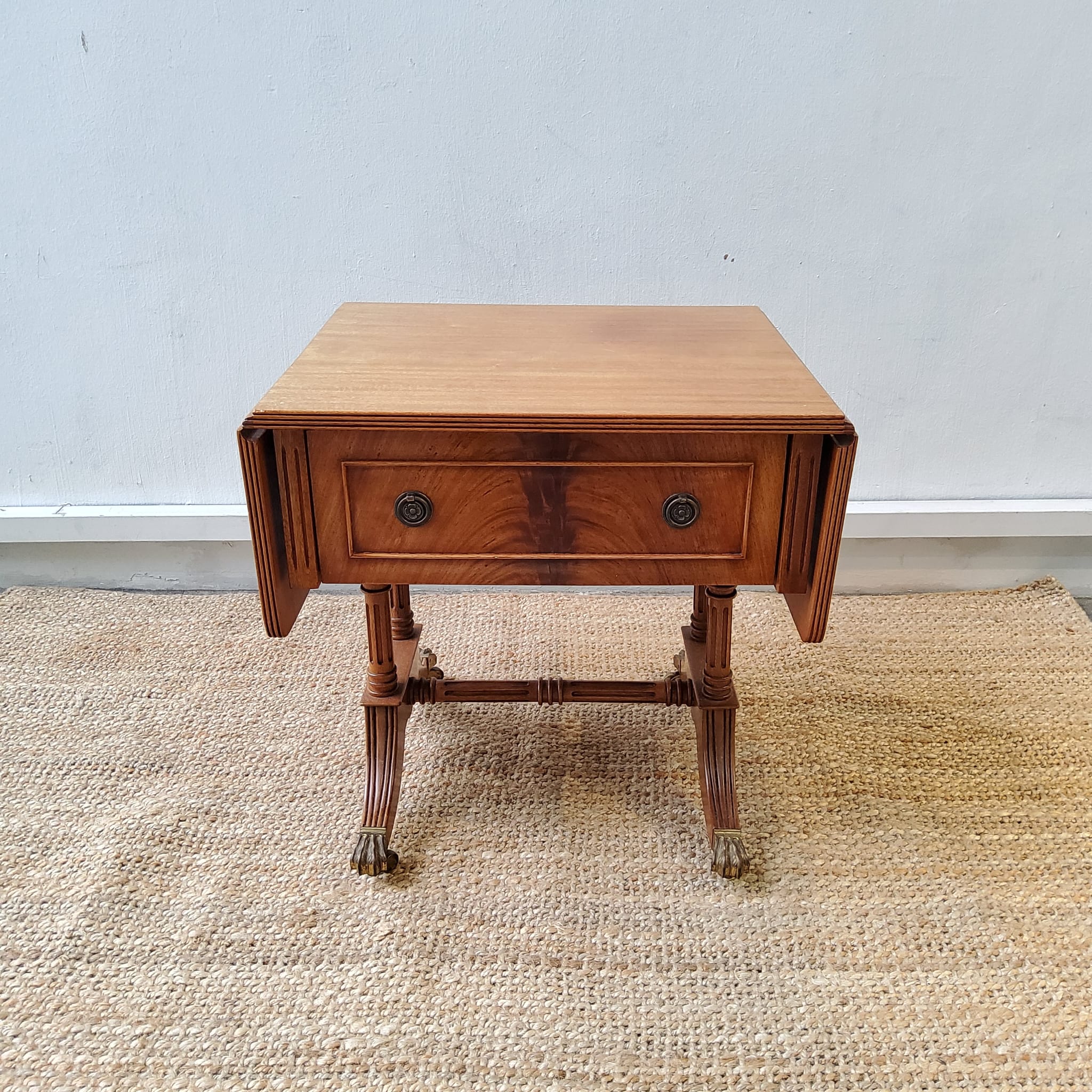 Antique Drop-Leaf Coffee Table with Bronze Cast Feet on Wheels