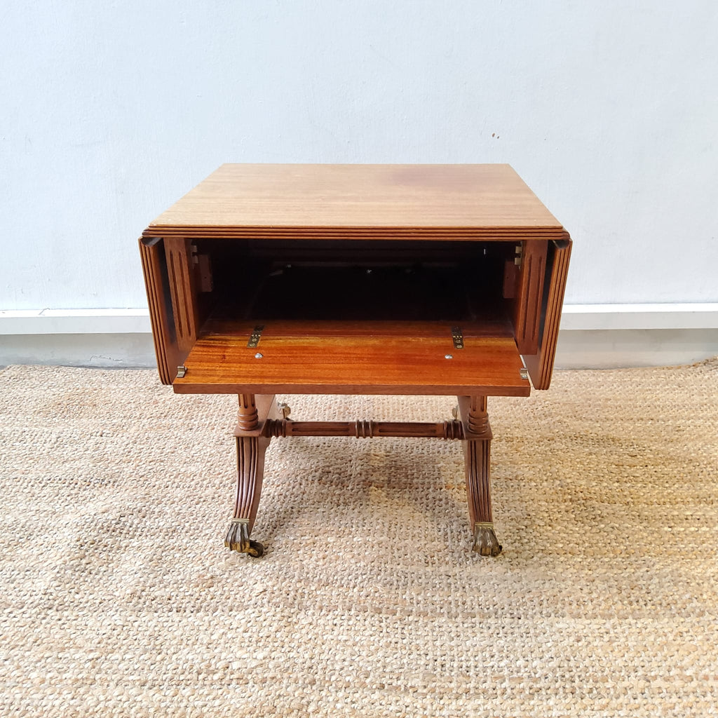 Antique Drop-Leaf Coffee Table with Bronze Cast Feet on Wheels