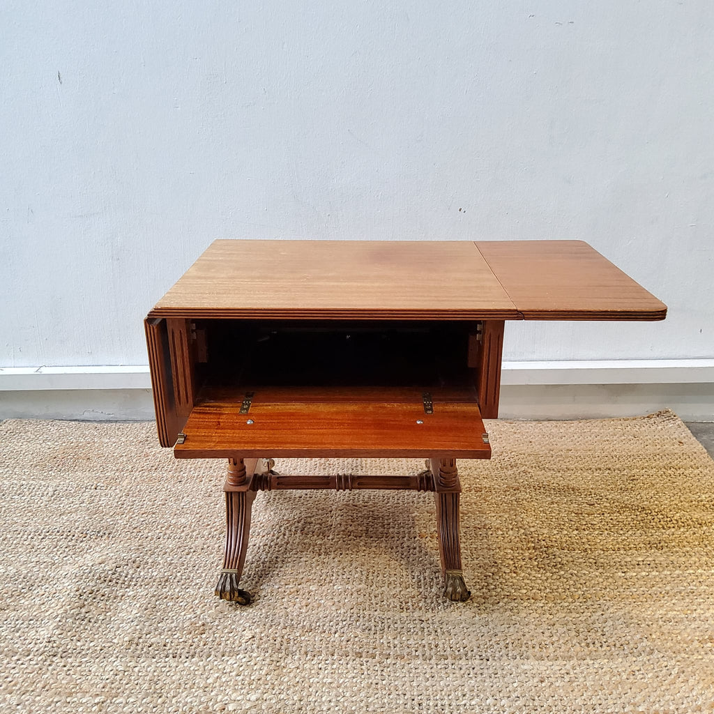 Antique Drop-Leaf Coffee Table with Bronze Cast Feet on Wheels