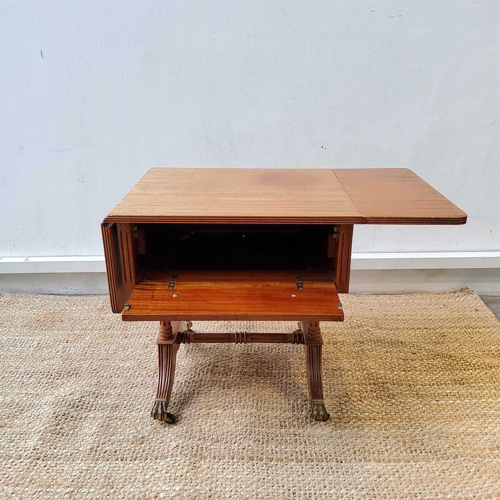 Antique Drop-Leaf Coffee Table with Bronze Cast Feet on Wheels