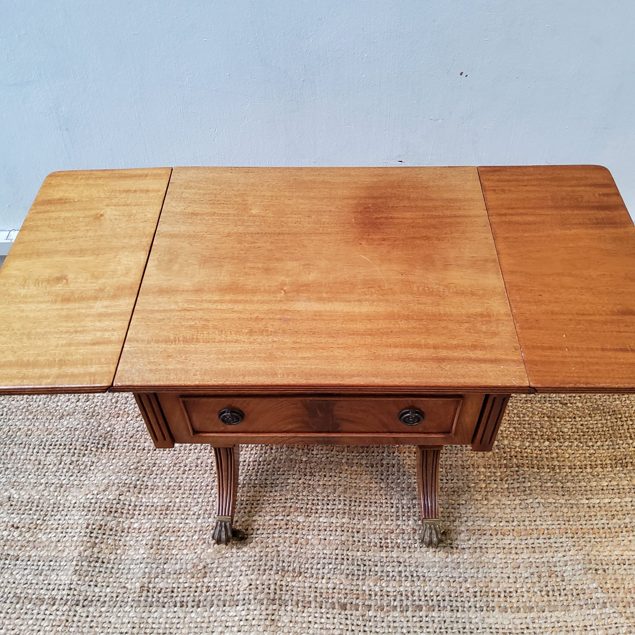 Antique Drop-Leaf Coffee Table with Bronze Cast Feet on Wheels