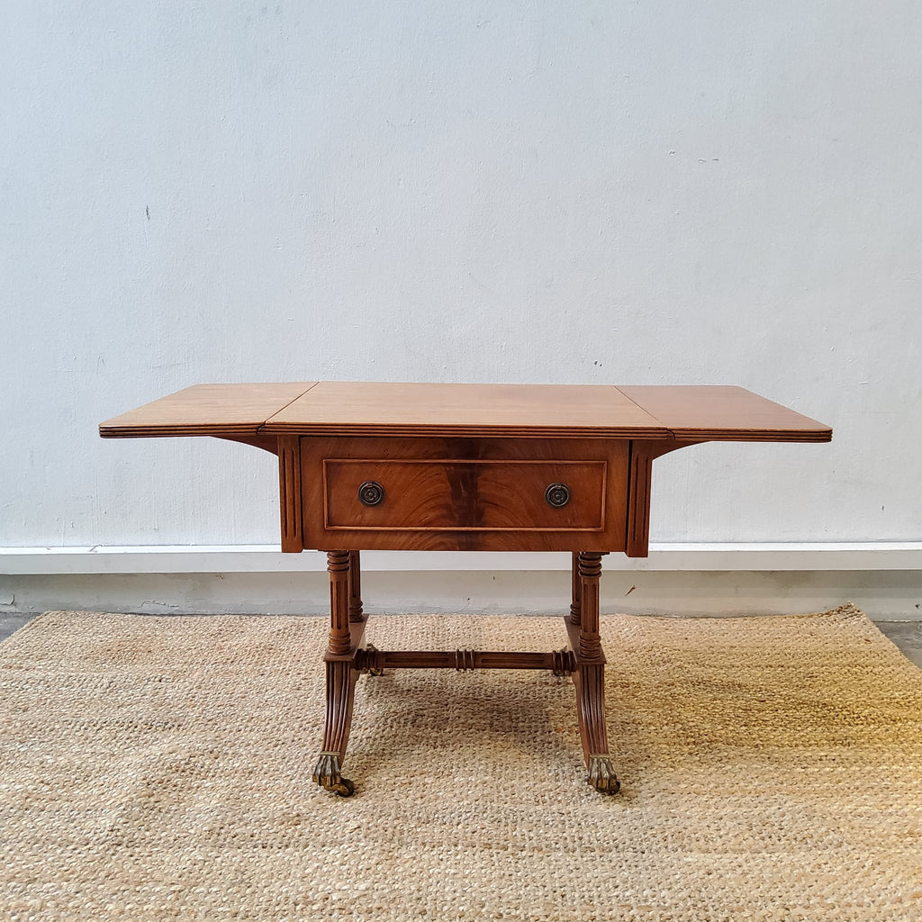 Antique Drop-Leaf Coffee Table with Bronze Cast Feet on Wheels