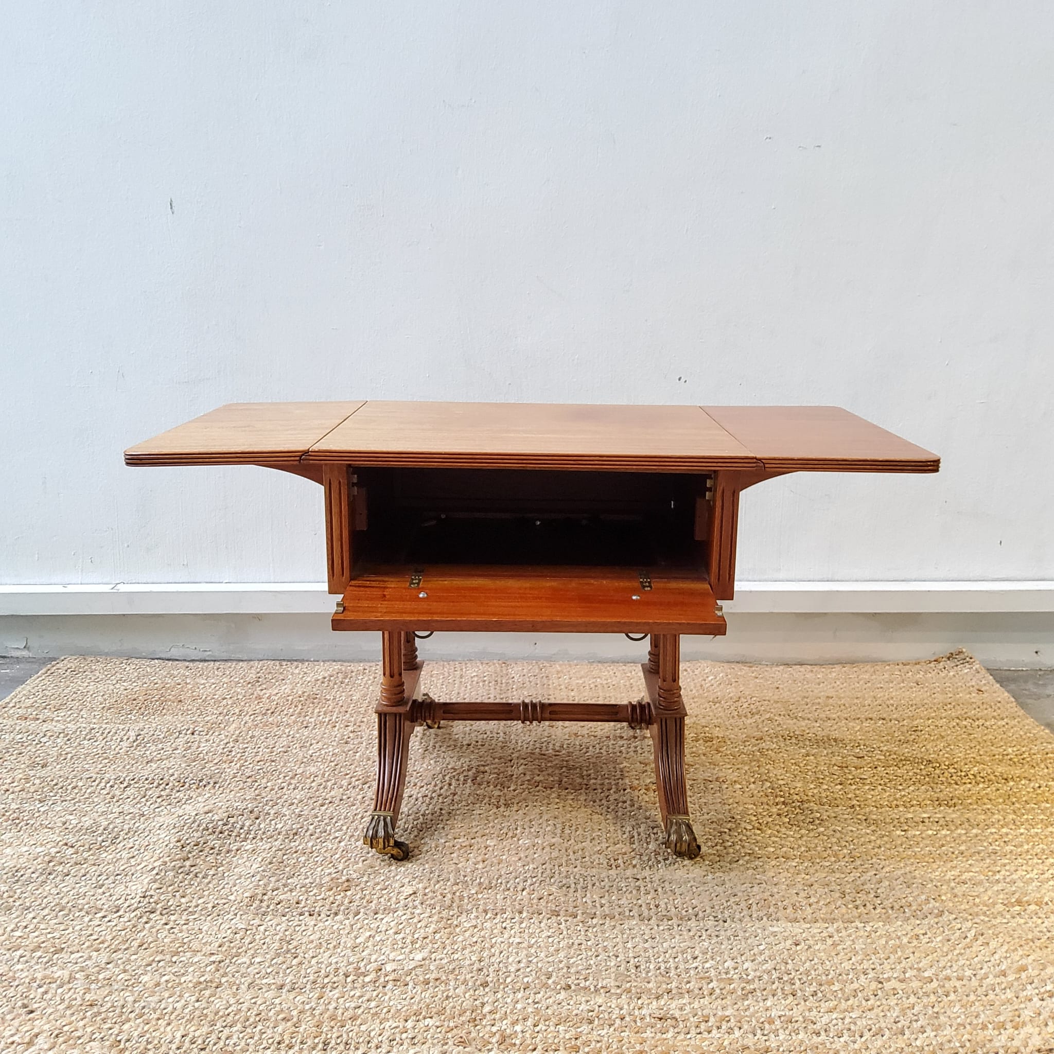 Antique Drop-Leaf Coffee Table with Bronze Cast Feet on Wheels