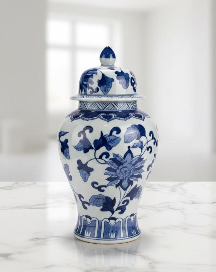 Blue & White Porcelain Ginger Jar - Chinoiserie Floral Design
