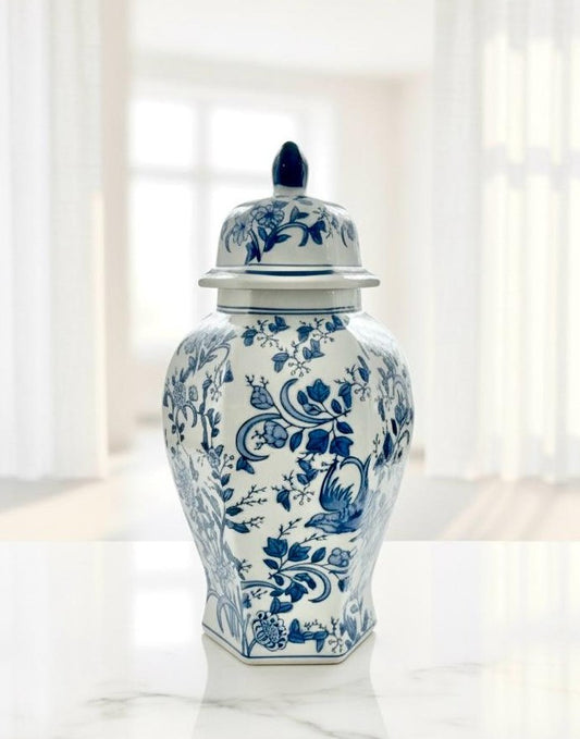 Beautiful Hexagon Floral blue and white ginger jar