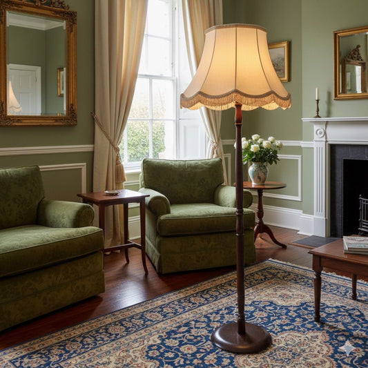 A STANDARD LAMP WITH TURNED COLUMN AND SHADE