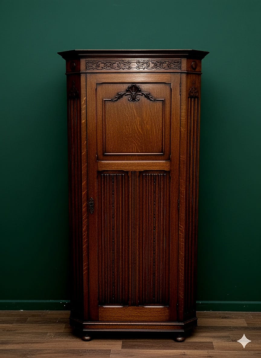 AN EARLY 20TH CENTURY OAK HALL WARDROBE WITH LINEN FOLD AND FOLIATE DECORATION 38" WIDE