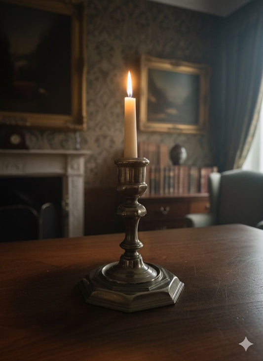 A silver-plated candlestick with stable hexagonal base