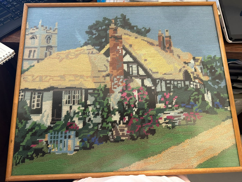 Vintage Needlepoint Art Depicting A house Scene