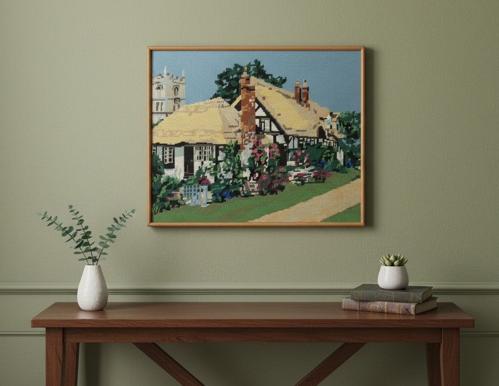 Vintage Needlepoint Art Depicting A house Scene