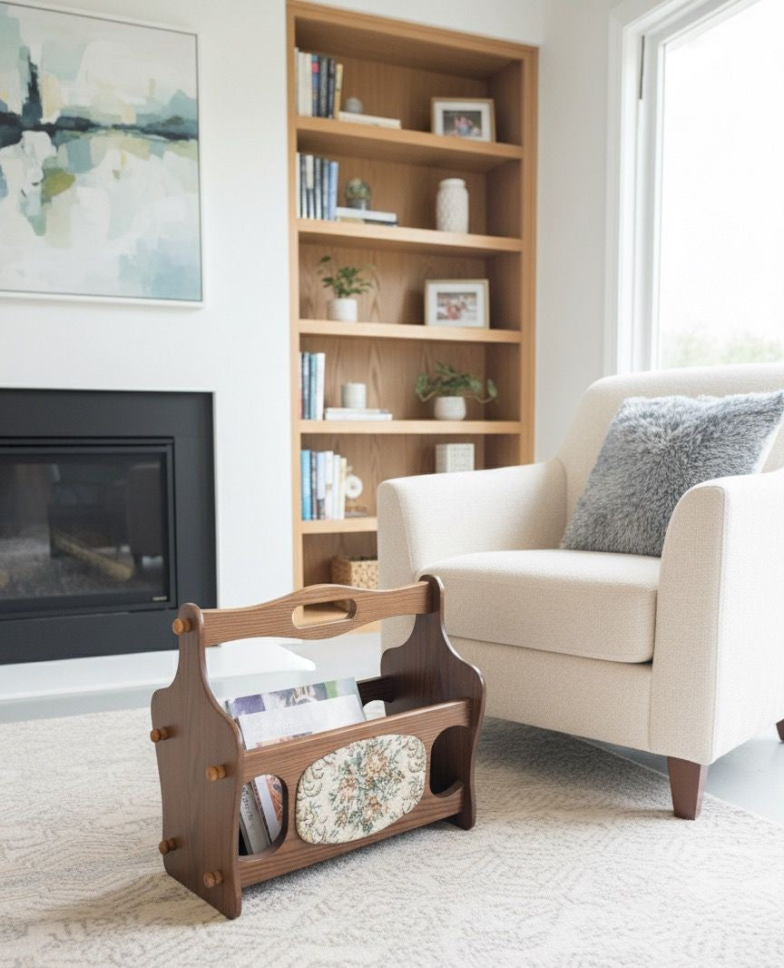 AN ELM MAGAZINE RACH WITH TAPESTRY PANEL