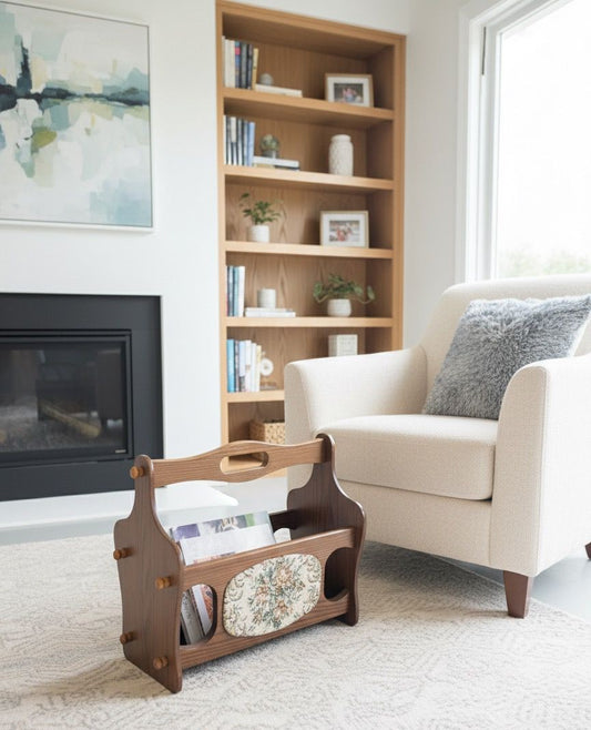 AN ELM MAGAZINE RACH WITH TAPESTRY PANEL