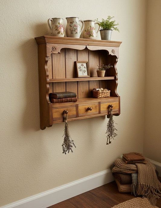 Victorian Style Carved Pine Wall Hanging Two Tier Spice Rack/Shelving Unit