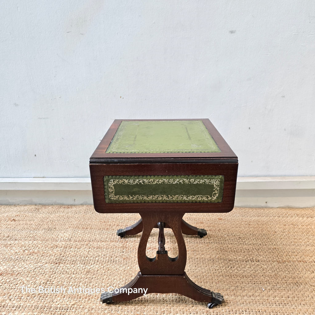Bevan Funnell mahogany extending side table with a green leather top