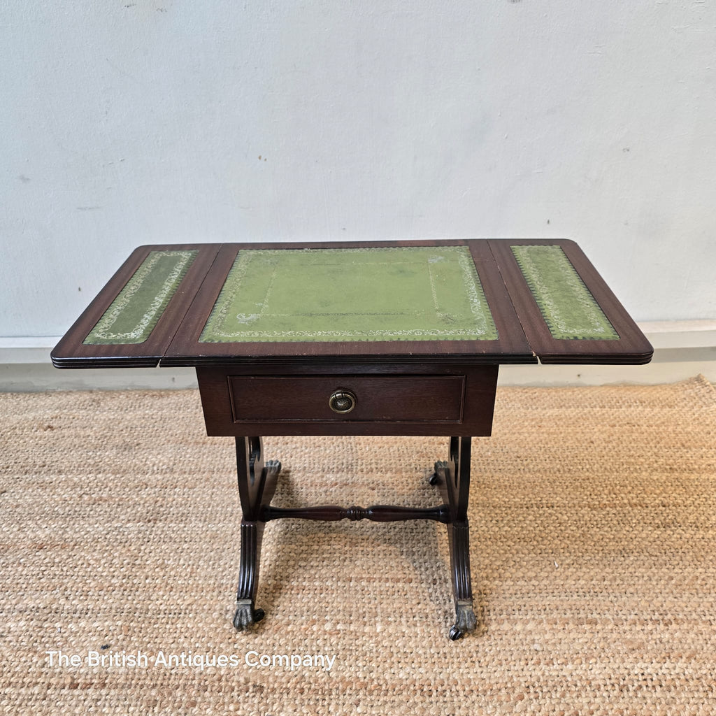 Bevan Funnell mahogany extending side table with a green leather top