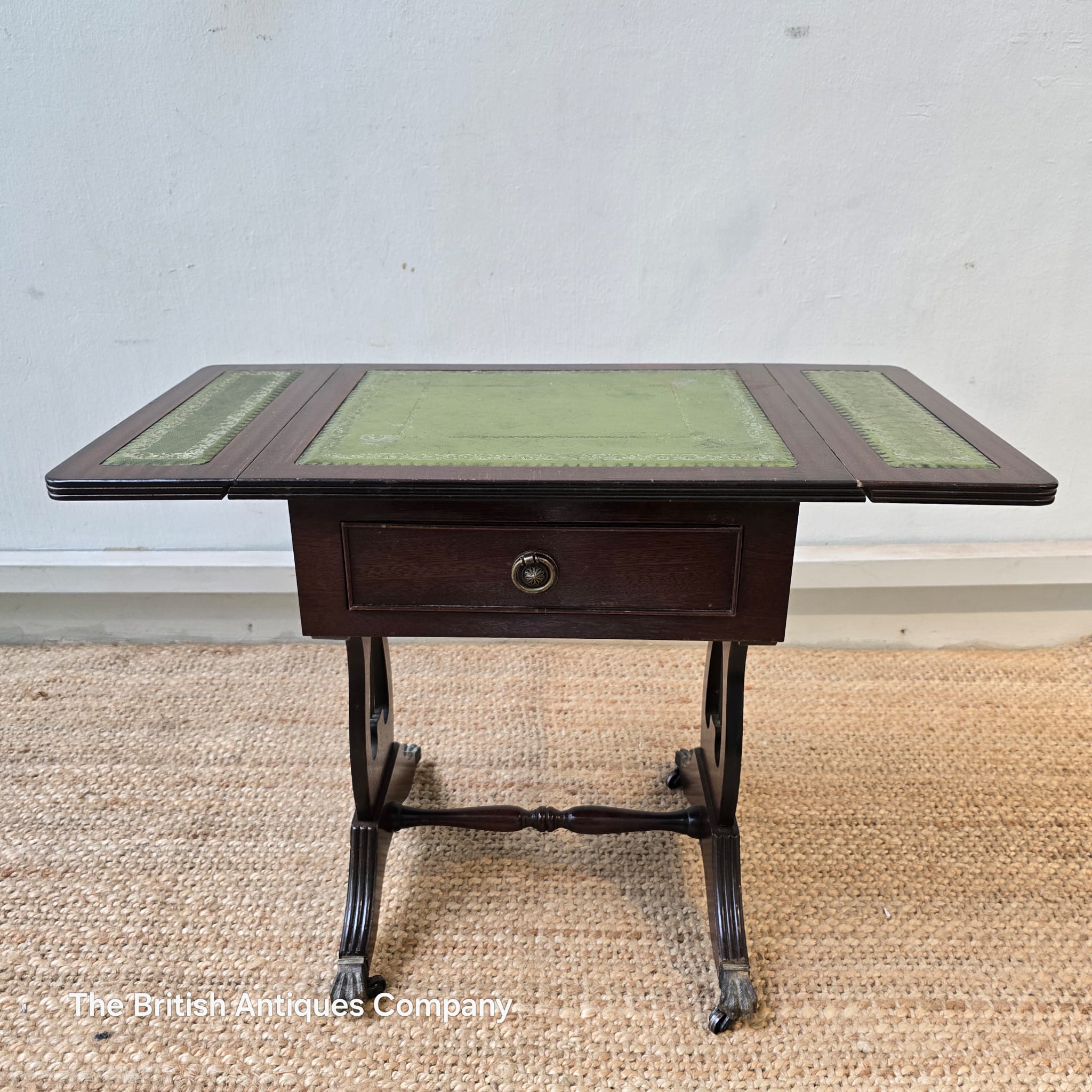 Bevan Funnell mahogany extending side table with a green leather top