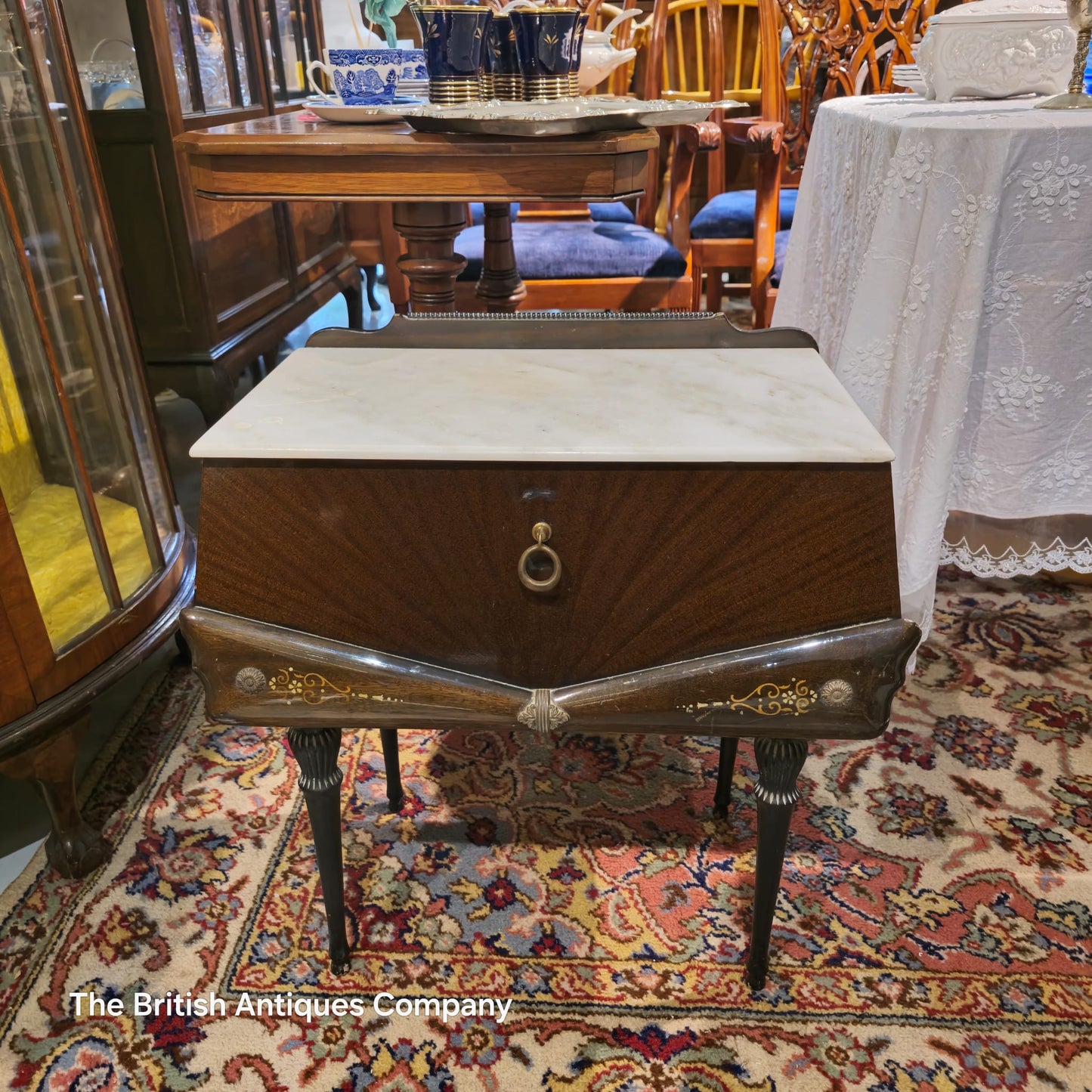 Antique Edwardian Flame Mahogany Marble-Top Side Table with Inlay