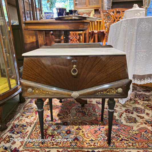 Antique Edwardian Flame Mahogany Marble-Top Side Table with Inlay