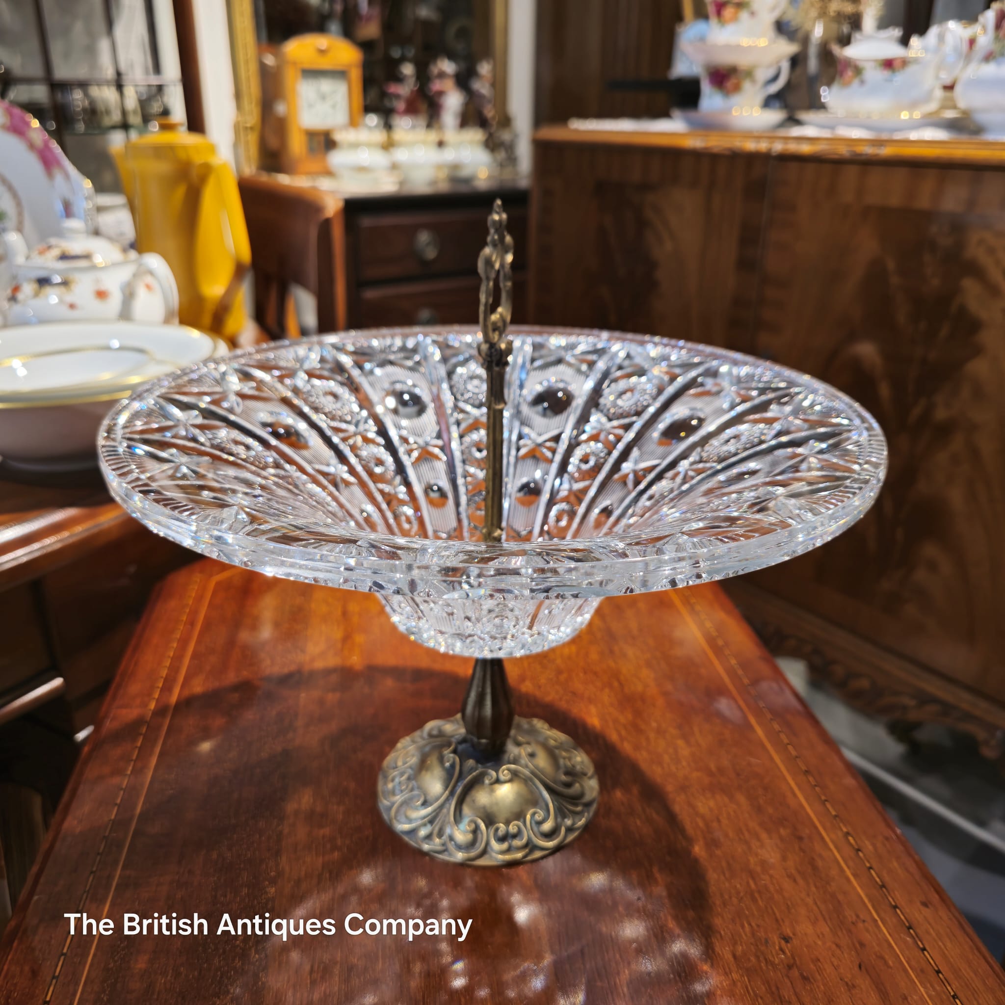 Vintage Crystal Compote with a Brass Pedestal and Center Handle