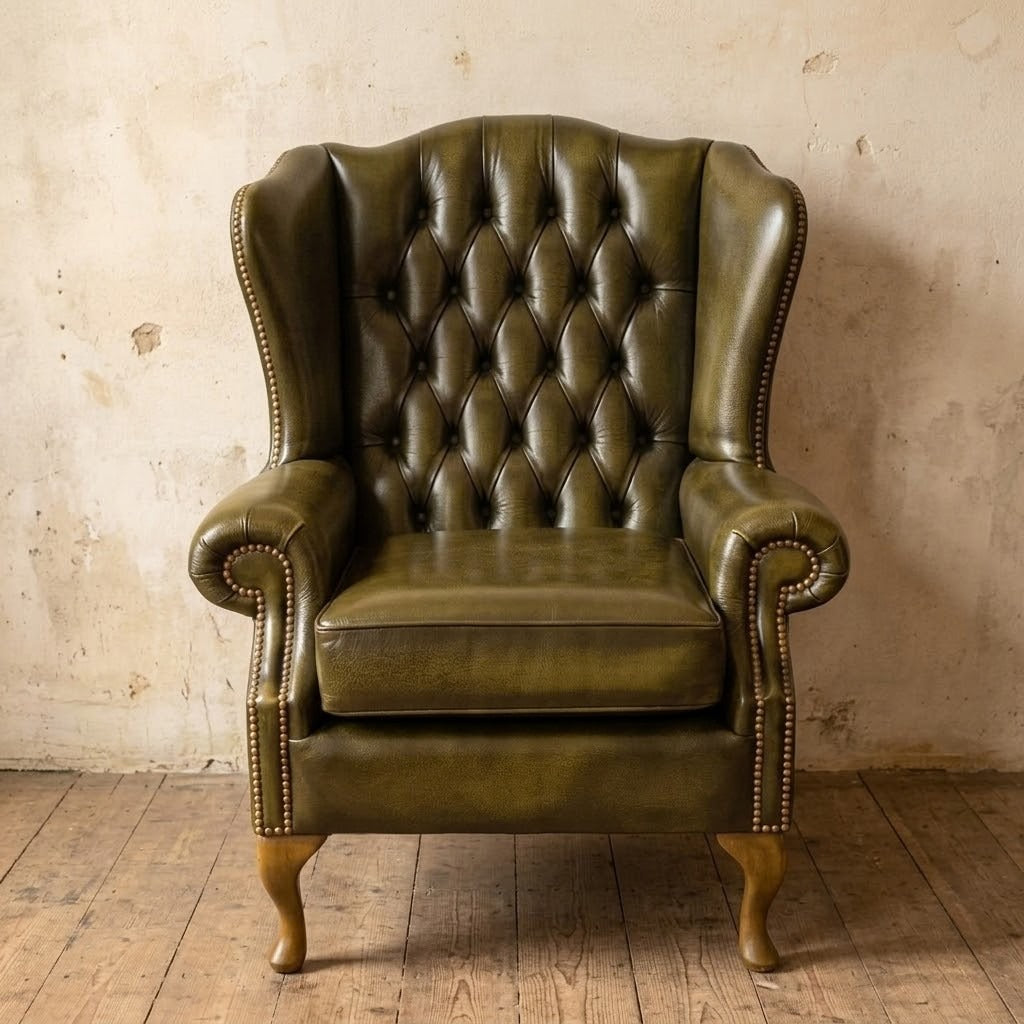 Highclere Wing Chair in Antique Olive Green - Handmade in UK