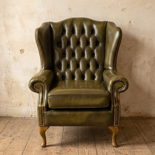 Highclere Wing Chair in Antique Olive Green - Handmade in UK