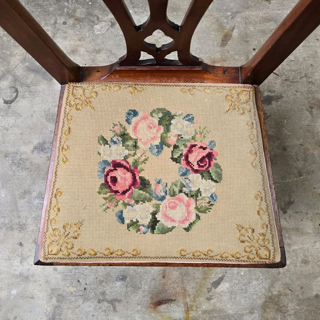 Vintage Chippendale-Style Ribbon Back Chair with Needlepoint Seat