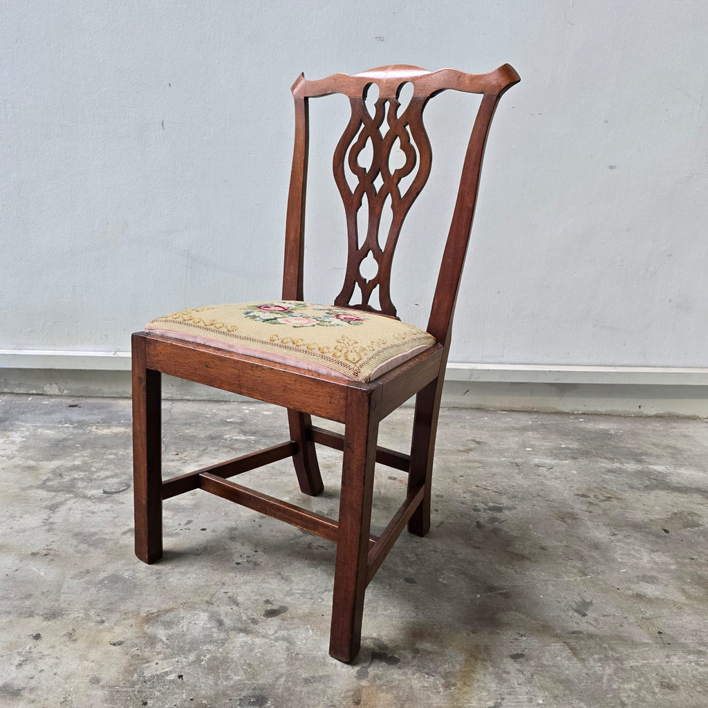 Vintage Chippendale-Style Ribbon Back Chair with Needlepoint Seat