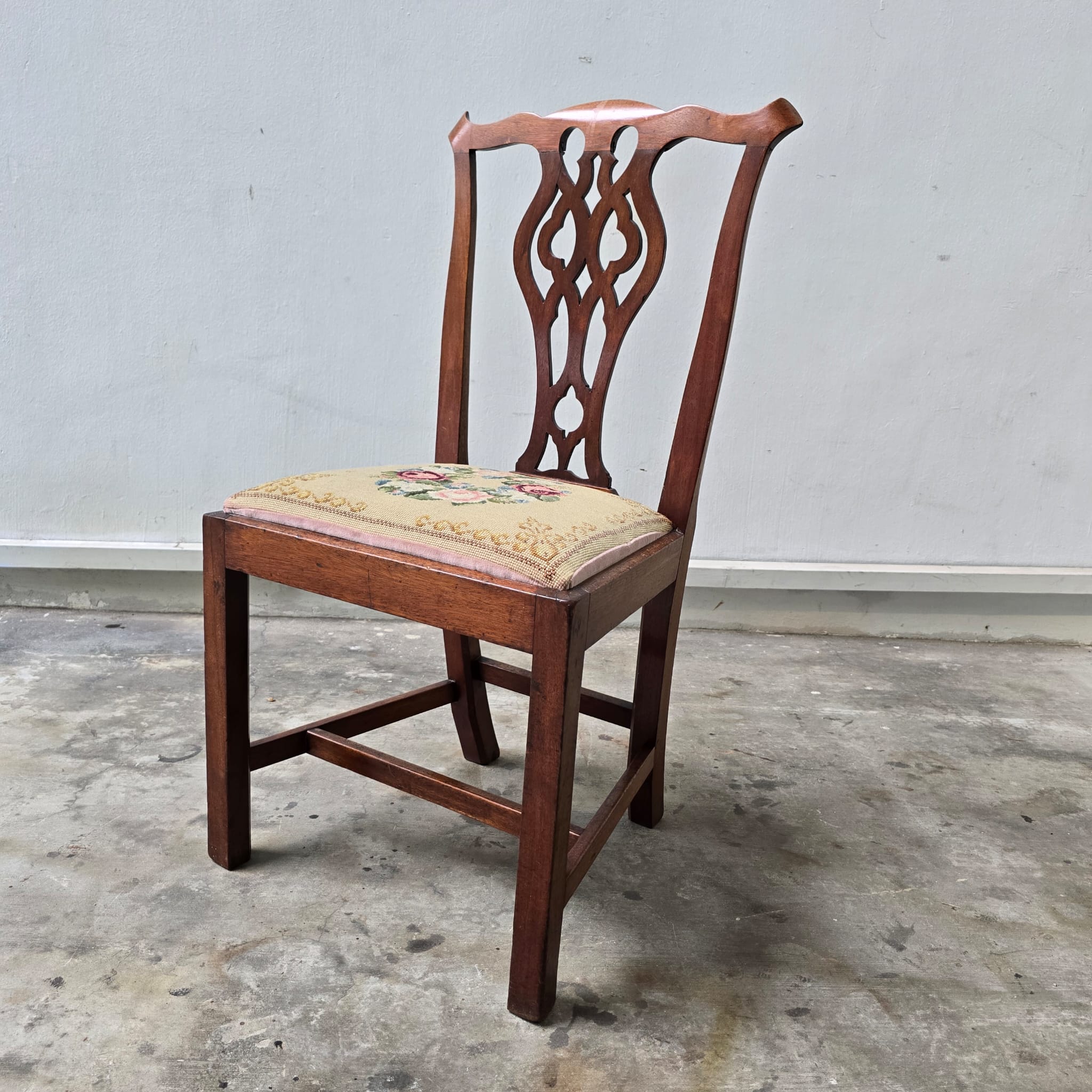 Vintage Chippendale-Style Ribbon Back Chair with Needlepoint Seat