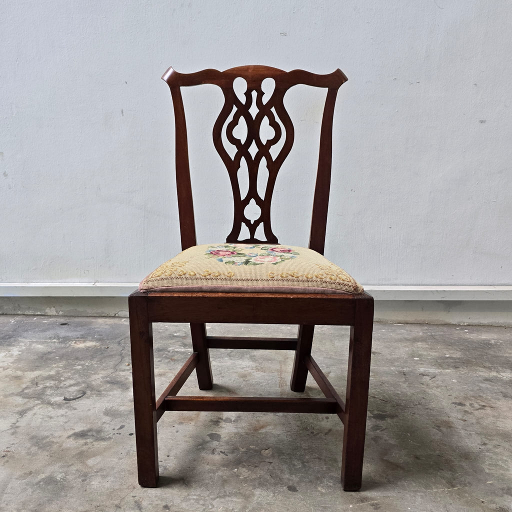 Vintage Chippendale-Style Ribbon Back Chair with Needlepoint Seat