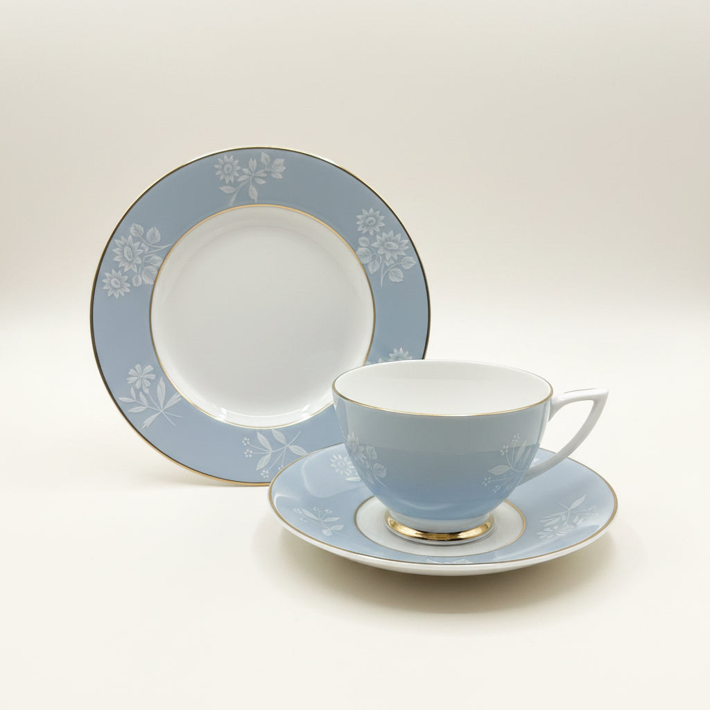 Vintage Minton Tea Trio Set - Powder Blue with Delicate White Floral Overlays