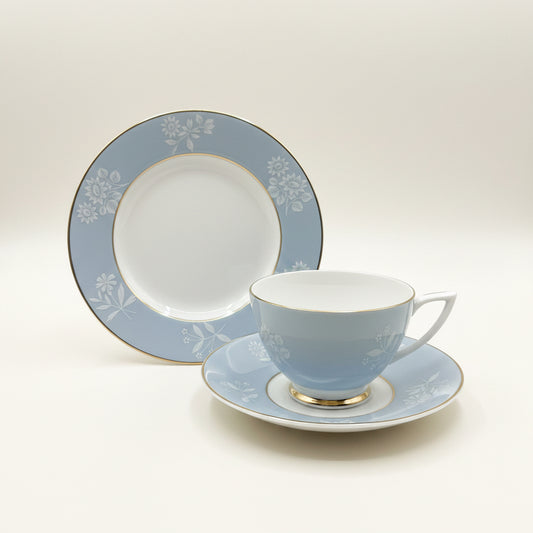 Vintage Minton Tea Trio Set - Powder Blue with Delicate White Floral Overlays