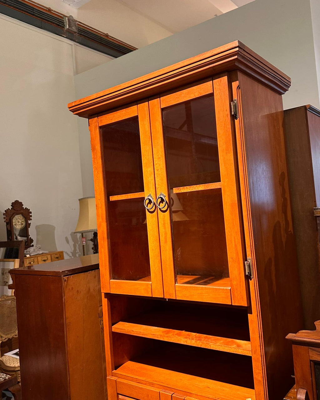 Vintage Honey Wood Step-Back Hutch & Display Cabinet