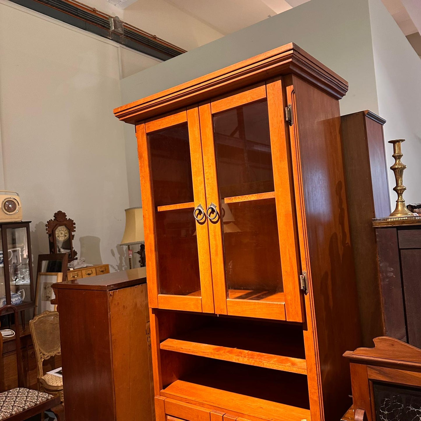 Vintage Honey Wood Step-Back Hutch & Display Cabinet