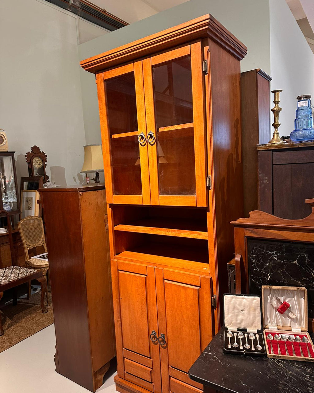 Vintage Honey Wood Step-Back Hutch & Display Cabinet