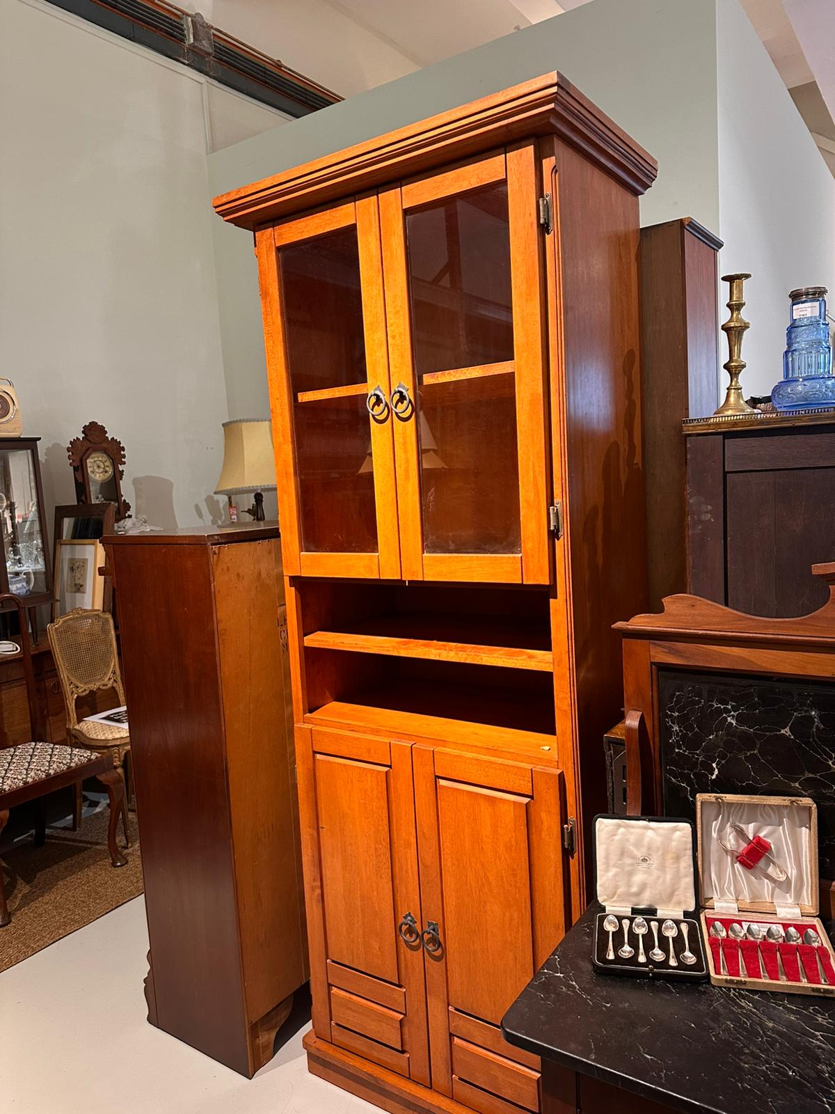Vintage Honey Wood Step-Back Hutch & Display Cabinet