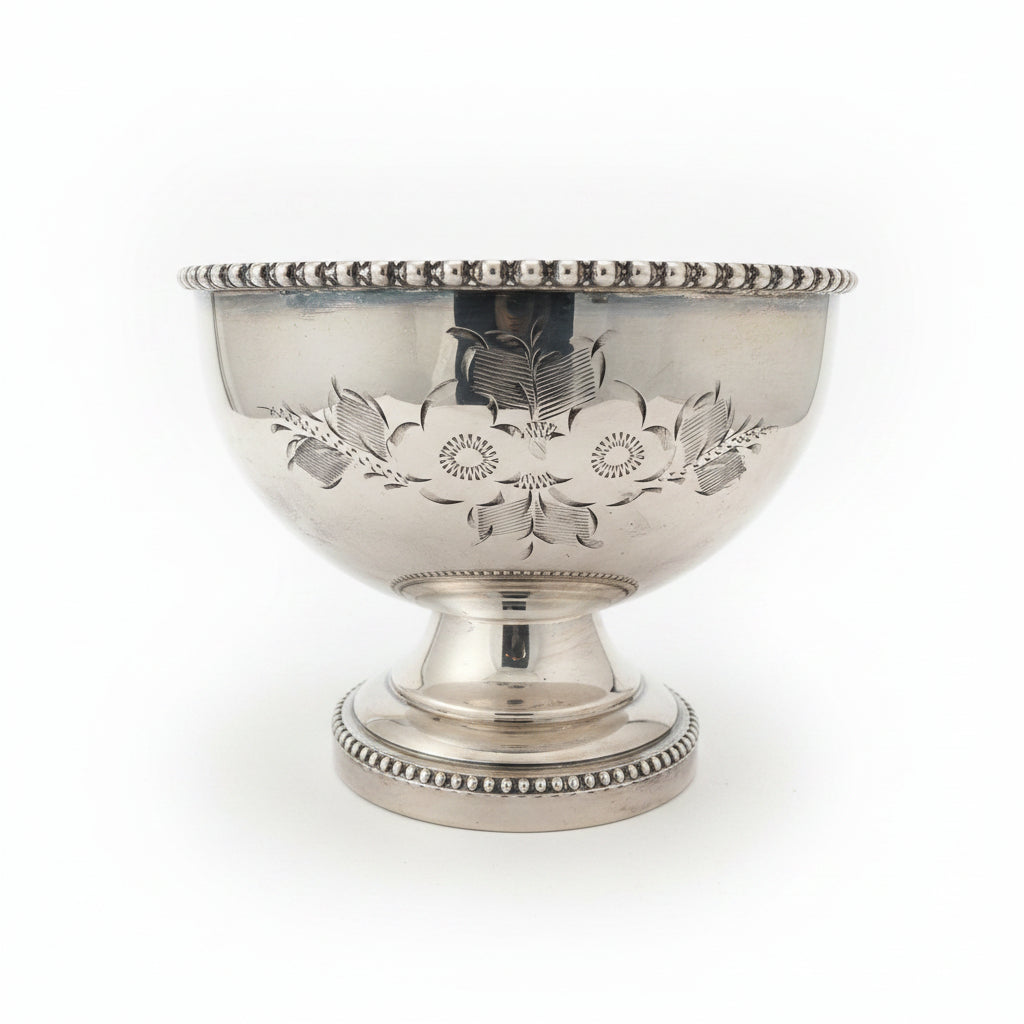 Vintage British Hand-Engraved Silver Plated Pedestal Bowl - Beaded Rim - Circa 1950s